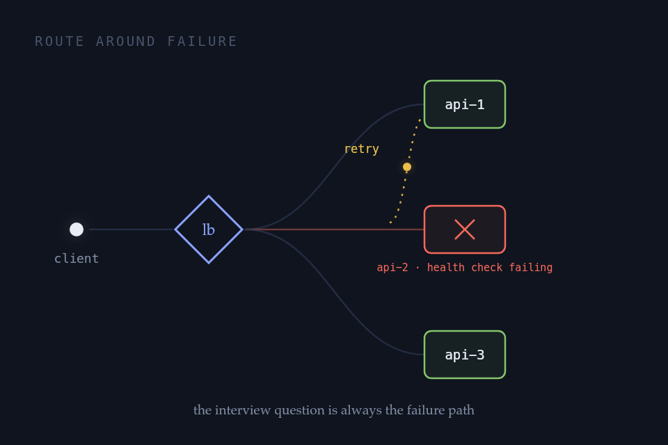 A load balancer fanning out to three API replicas; one fails its health check and the request retries against a healthy one.