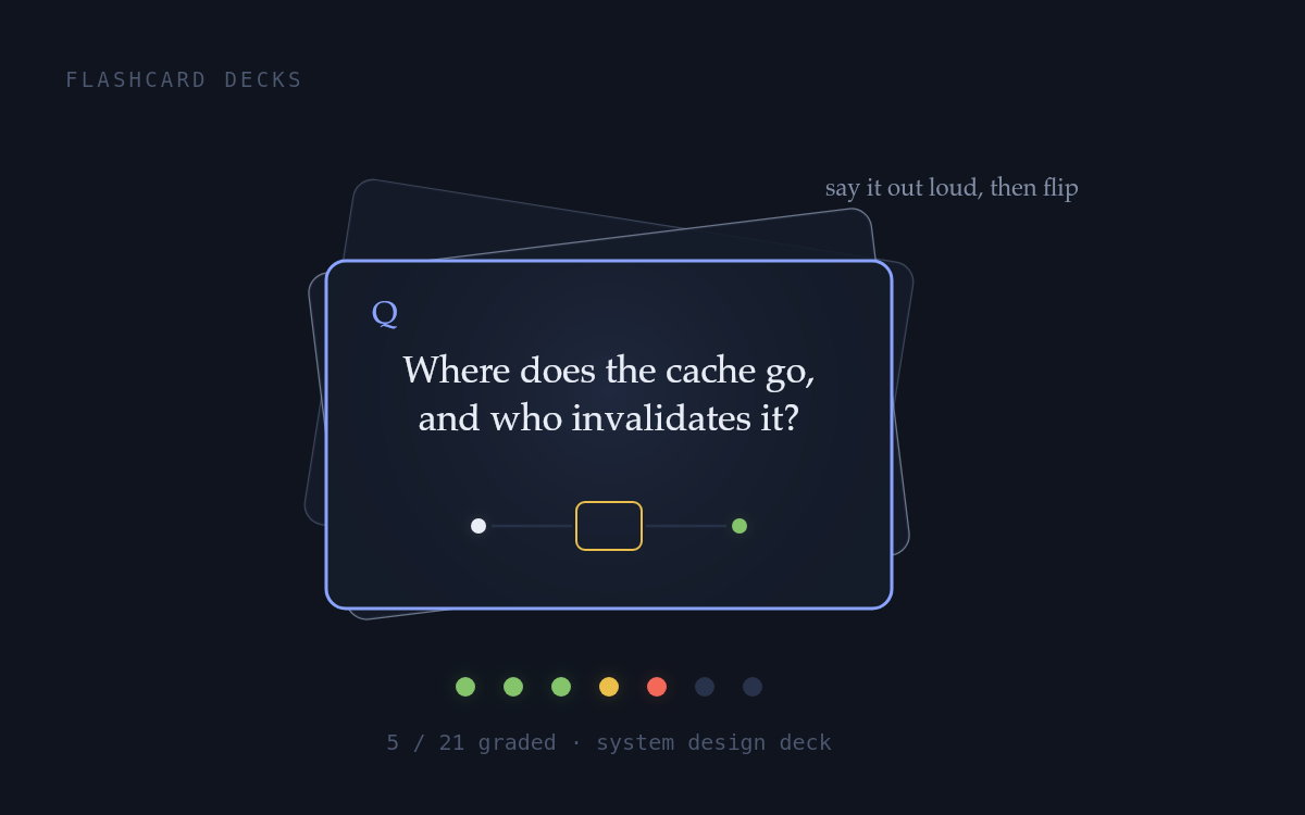 A flashcard deck: the front card asks where the cache goes and who invalidates it, with self-graded green, gold and red dots below.