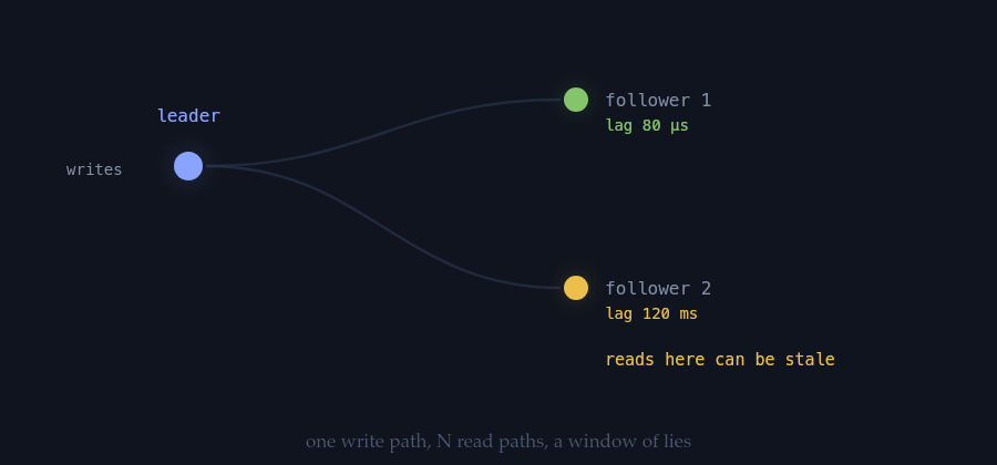A leader replicating writes to two followers, one lagging 120 milliseconds behind.
